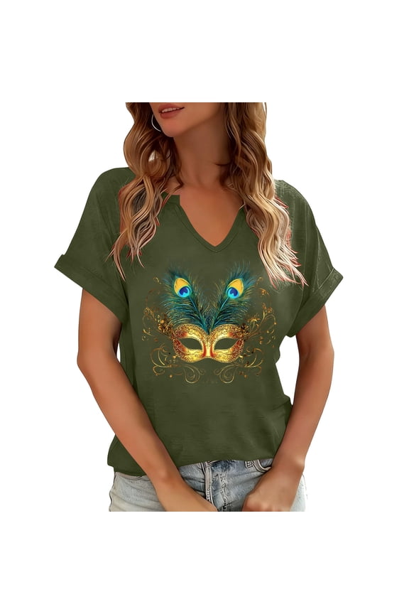 Womens Tops Trendy Relaxed Cut Short Sleeve Graphic Tees Summer Tops Gold Mask Peacock Feathers Parade Wear