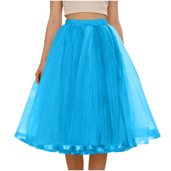LEKWK Womens Tulle Skirt Elegant Fluffy Midi Skirt Elastic High Waist Pleated Skirt Multi Layered Mesh Flowy Lining Party Wedding Guest
