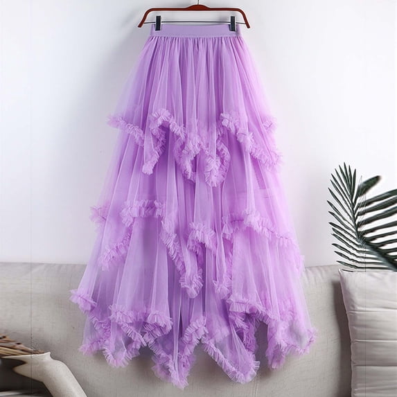 LEKWK Womens Tulle Skirt High Waisted Skirt Ruffle Skirt Maxi Skirt Asymmetrical Skirt for Wedding Guest Party Renaissance Fair Ballet Dance Wear