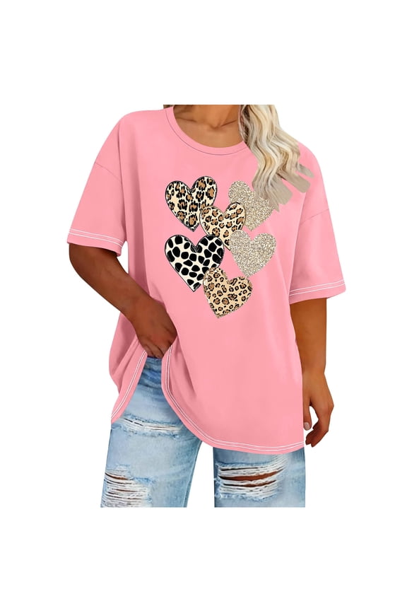Womens Valentine Shirts Leopard Heart Print Regular Fit Round Neck Graphic Tees Soft Fabric Summer Tops Cheetah Pattern Gift Lover Holiday Wear