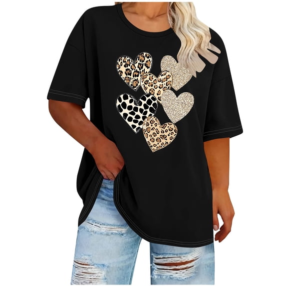 LEKWK Womens Valentine Shirts Leopard Heart Print Regular Fit Round Neck Graphic Tees Soft Fabric Summer Tops Cheetah Pattern Gift Lover Holiday Wear