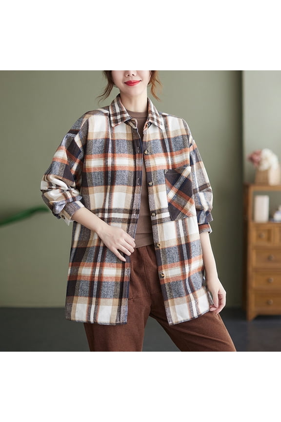 Womens Western Shirts Classic Flannel Look Oversized Button Down Shirts Long Sleeve Plaid Shirts Red Beige Tartan Check Pocket Fall Blouse