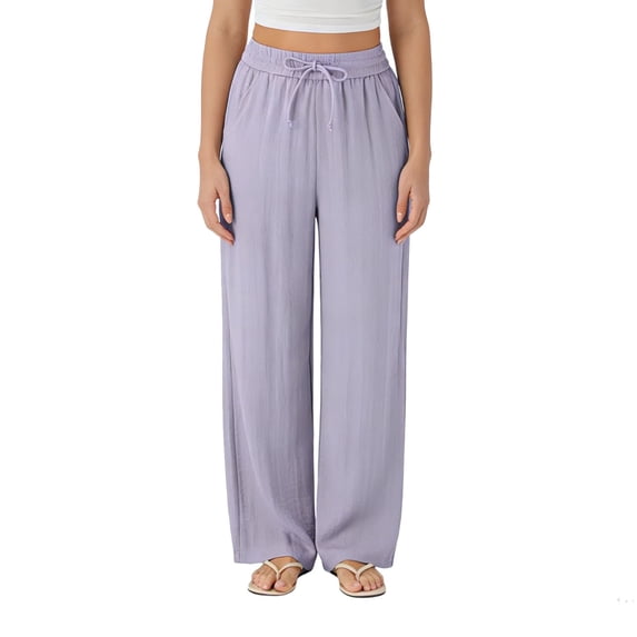 LEKWK Womens Wide Leg Pants Drawstring Elastic Palazzo Pants Casual Loose Fit Linen Pants Breathable Soft Summer Beach Vacation Lounge Daily Outfits