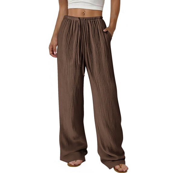 LEKWK Womens Wide Leg Pants Woman Loose Fit High Waisted Wide Leg Pants with Drawstring Textured Palazzo Pants for Summer Beach Wear Outfits Wear