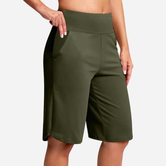 LEKWK Womens Yoga Leggings with Pockets High Waist Bermuda Tummy Control Short Leggings Soft Running Athletic Leggings Gym Workout Exercise Bottoms