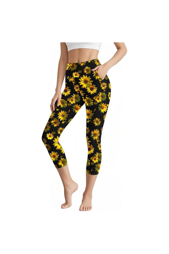 Womens Yoga Pants with Pockets Sunflower Print High Waist Capri Leggings Soft Stretchy Workout Leggings Gym Fitness Summer Casual Wear Clothes