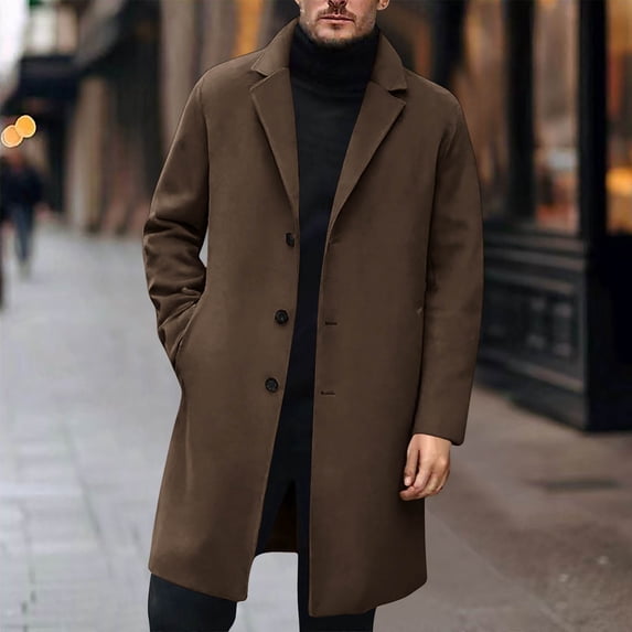 LEKWK Wool Blend Trench Coats for men Casual Single Breasted Notched Lapel Overcoats Classic Fit Fall Winter Warm Mid Length Pea Coats for Business Work formal Brown XXL