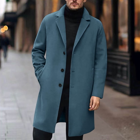 LEKWK Wool Blend Trench Coats for men Casual Single Breasted Notched Lapel Overcoats Classic Fit Fall Winter Warm Mid Length Pea Coats for Business Work formal Blue M