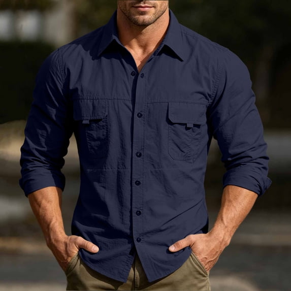LEKWK Work Shirt for Men Casual Long Sleeve Button Down Tops Lightweight Quick Dry Outdoor Safari Shirt with Chest Pockets for Hiking Camping