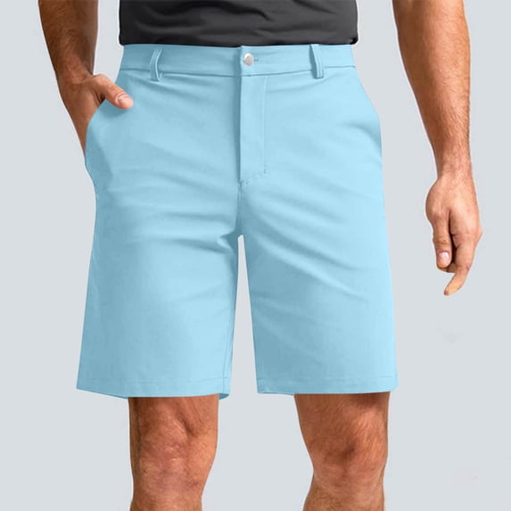 LEKWK Work Shorts for Men Dress Straight Leg office Golf Shorts with Pockets Casual Button Waist Outdoor Bermuda Shorts Loose Fit Holiday Bottoms Light Blue L