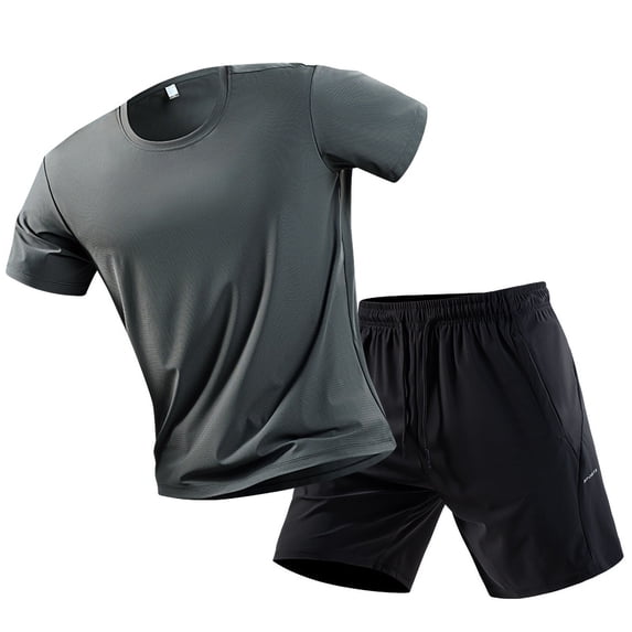 LEKWK Workout Sets for Men Plus Size Quick Dry Breathable Loose Gym Summer Outfits Short Sleeve Crewneck Athletic Shirt and Drawstring Elastic Waist Shorts