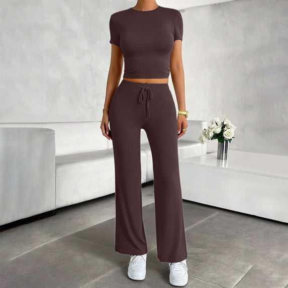 LEKWK Workout Sets for Women 2 Piece Short Sleeve Crewneck Crop Tops and Tummy Control Straight Leg Pants Summer Yoga Gym Athletic Running Casual Outfits