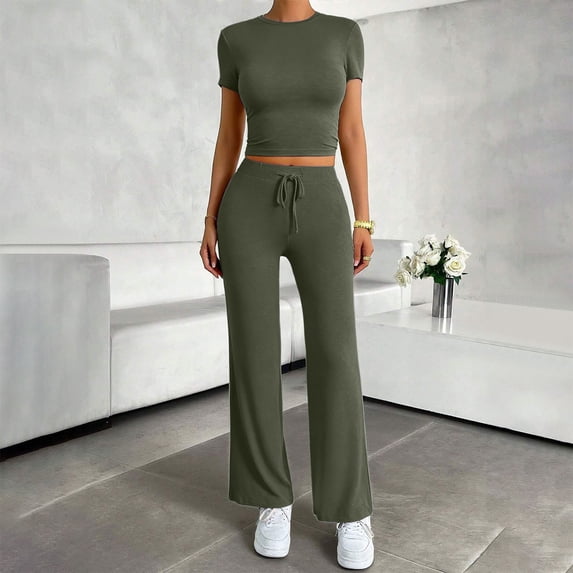 LEKWK Workout Sets for Women 2 Piece Short Sleeve Crewneck Crop Tops and Tummy Control Straight Leg Pants Summer Yoga Gym Athletic Running Casual Outfits