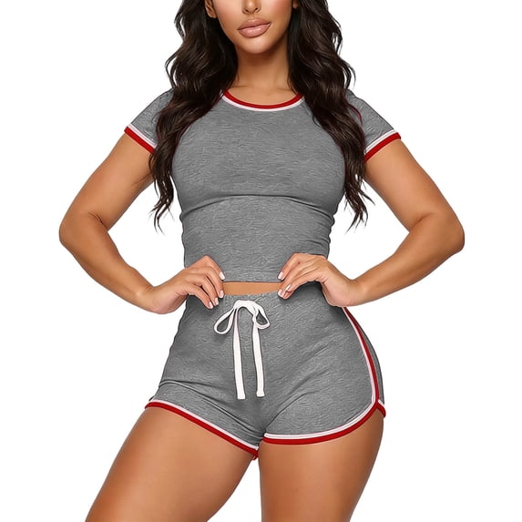 LEKWK Workout Sets for Women 2 Piece Short Sleeve Crewneck Crop Tops and Drawstring Elastic Waist Shorts Tracksuit Summer Running Athletic Outfits