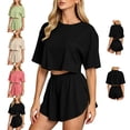 thumbnail image 1 of LEKWK Workout Sets for Women Short Sleeve Crewneck Crop Tops and Elastic Waist Shorts Loose Fit Solid Summer Fashion Athletic Running Gym Outfits, 1 of 6
