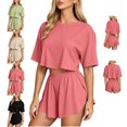 thumbnail image 1 of LEKWK Workout Sets for Women Short Sleeve Crewneck Crop Tops and Elastic Waist Shorts Loose Fit Solid Summer Fashion Athletic Running Gym Outfits, 1 of 6