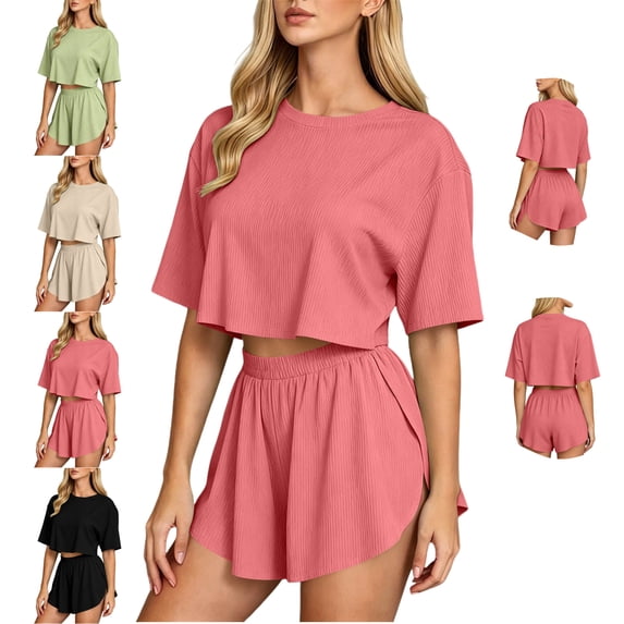 LEKWK Workout Sets for Women Short Sleeve Crewneck Crop Tops and Elastic Waist Shorts Loose Fit Solid Summer Fashion Athletic Running Gym Outfits
