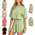 thumbnail image 1 of LEKWK Workout Sets for Women Short Sleeve Crewneck Crop Tops and Elastic Waist Shorts Loose Fit Solid Summer Fashion Athletic Running Gym Outfits, 1 of 6