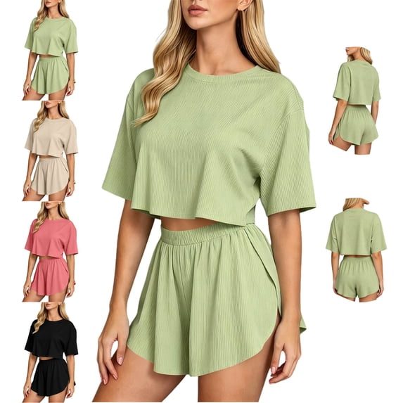 LEKWK Workout Sets for Women Short Sleeve Crewneck Crop Tops and Elastic Waist Shorts Loose Fit Solid Summer Fashion Athletic Running Gym Outfits