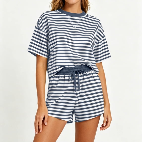 LEKWK Workout Sets for Women Striped 2 Piece Matching Set Athletic Short Sleeve and Drawstring Shorts Preppy Running Gym Sports Activewear