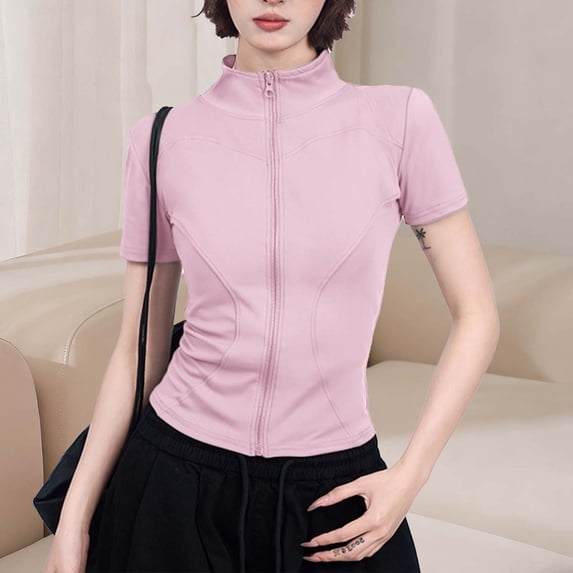 LEKWK Workout Tops for Women Slim Fit Mock Neck Full Zip Short Sleeve Athletic Shirts Solid Gym Yoga Running Tee