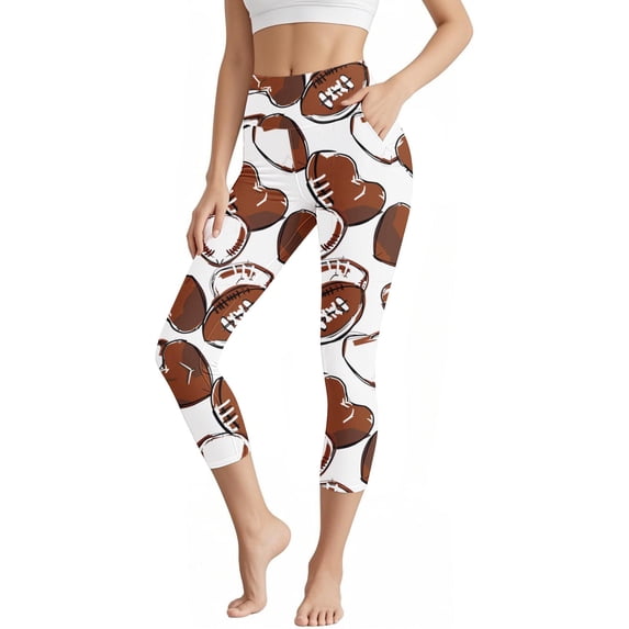 LEKWK Yoga Pants for Women Football Print High Waist Side Pockets Capri Leggings Soft Stretchy Running Leggings Sports Game Day Athletic Workout Wear