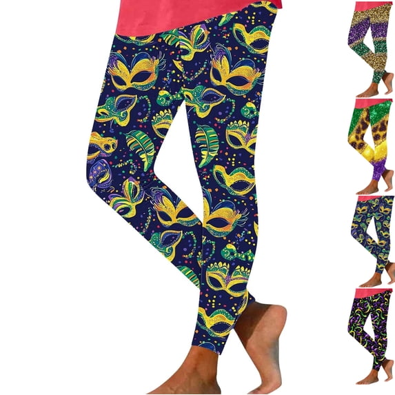 LEKWK Yoga Pants for Women Ribbon Confetti Print Mardi Gras Yoga Leggings High Waist Holiday Festival Soft Leggings Stretchy Party Carnival Outfits