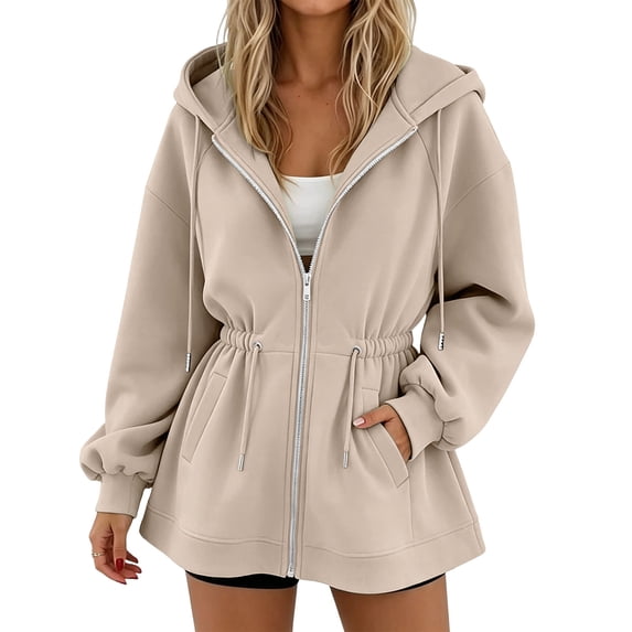 LEKWK Zip up Hoodie Women Drawstring Waist Drop Shoulder Fleece Jacket with Pockets Long Sleeve Lightweight Casual Fall Outerwear Khaki XXL