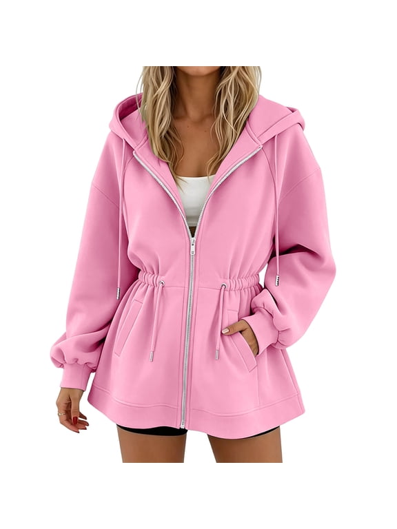 Zip up Hoodie Women Drawstring Waist Drop Shoulder Fleece Jacket with Pockets Long Sleeve Lightweight Casual Fall Outerwear Pink XXL