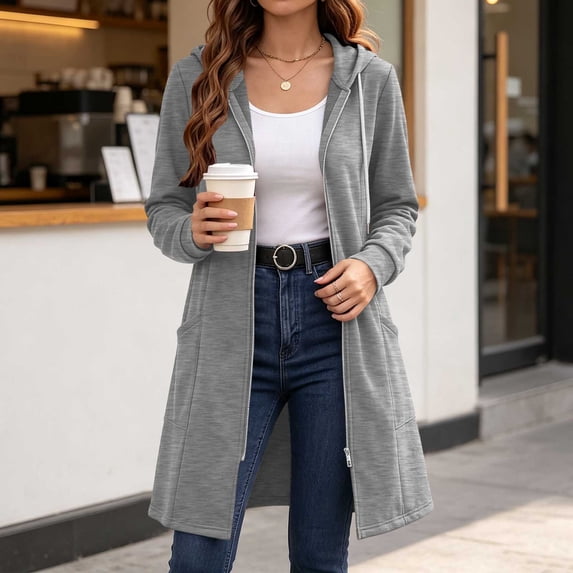 LEKWK Zip up Hoodie Women Lightweight Long Sleeve Athletic Jacket Drawstring Sweatshirt with Pockets Fall Winter Casual Outwear Gray L