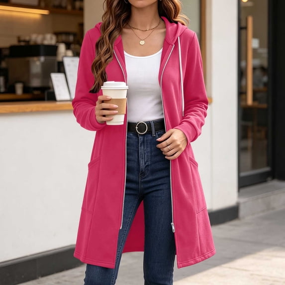 LEKWK Zip up Hoodie Women Lightweight Long Sleeve Athletic Jacket Drawstring Sweatshirt with Pockets Fall Winter Casual Outwear Hot Pink S