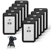 LELE LIFE 10Pcs Sliding ID Badge Holder with Lanyard, Hard Case Vertical ID Card Holder with Clear Window Work Badge Protector Sleeve Cover for Office Key Card Name Tag, Black