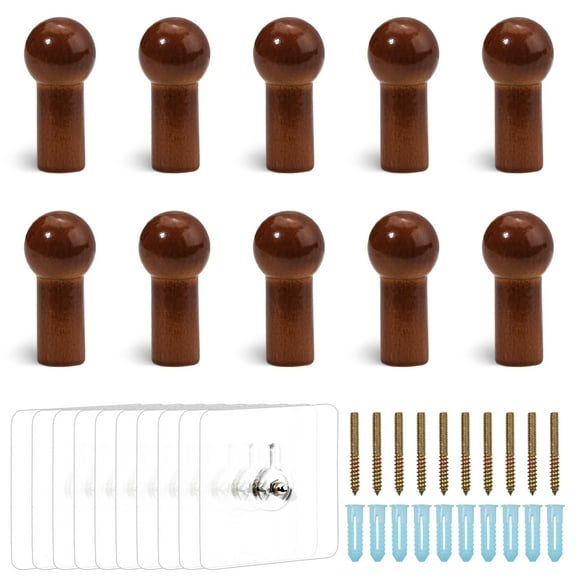 LELE LIFE 10Pcs Wood Wall Hooks, Natural Wooden Coat Hat Hooks Wall Mounted for Hanging Bathroom Towel Clothes Bag, Walnut