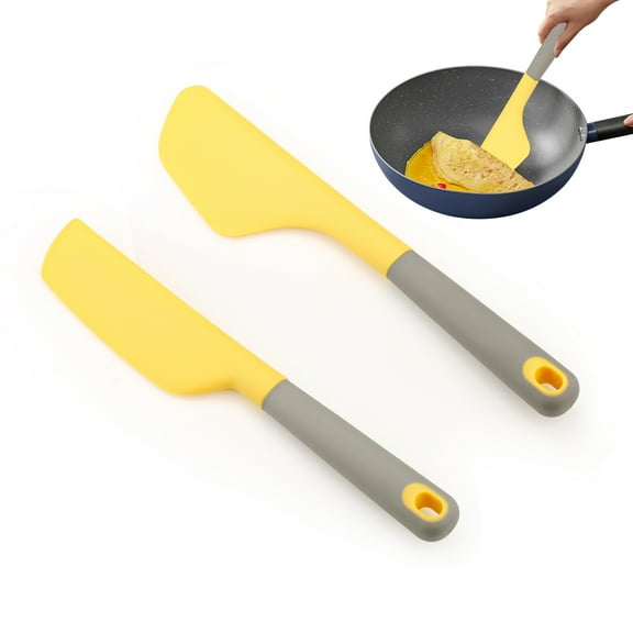 LELE LIFE 2 Pack Silicone Egg Spatula Flipper, Wide Head + Long Head, Rubber Omelette Spatula Turner Good Grip, Nonstick Heat Resistant for Pancake Pizza, Yellow