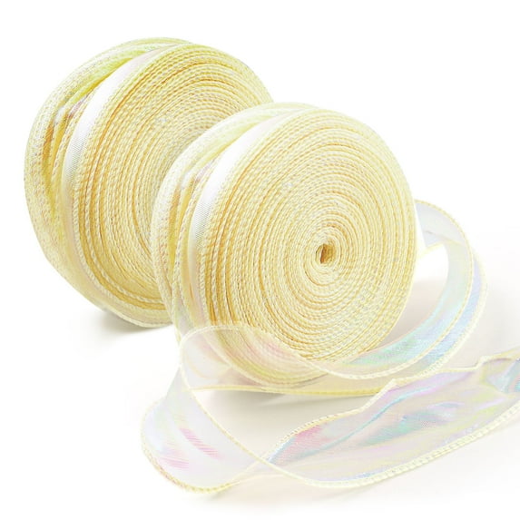 LELE LIFE 2 Roll 1.6in x 40Yd Iridescent Sheer Organza Ribbon, Glitter Tulle Chiffon Ribbon for Flower Bouquet Gift Wrapping Wedding Crafts Bows, Beige