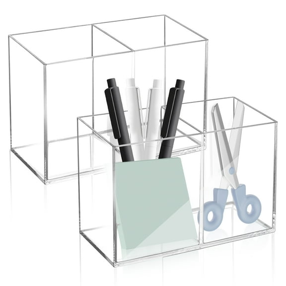 LELE LIFE 2Pcs Acrylic Pen Holder for Desk, 2 Compartments Clear Makeup Brush Holder Organizer, Pen Cup for Pencil Marker