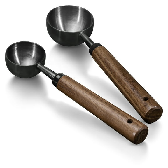 LELE LIFE 2Pcs Coffee Scoop for Ground Coffee - 1 Tbsp (15ml) & 2 Tbsp (30ml) Tablespoon Scoop, 304 Stainless Steel Coffee Measuring Spoon with Long Walnut Wood Handle, Black
