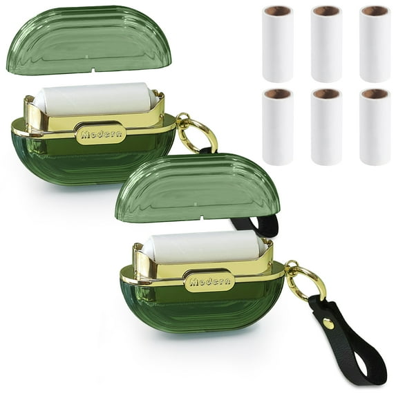 LELE LIFE 2Pcs Double-sided Travel Mini Lint Roller with Hand Strap, Reusable Portable Extra Sticky Dog Cat Pet Hair Remover with 6 Refills, Green