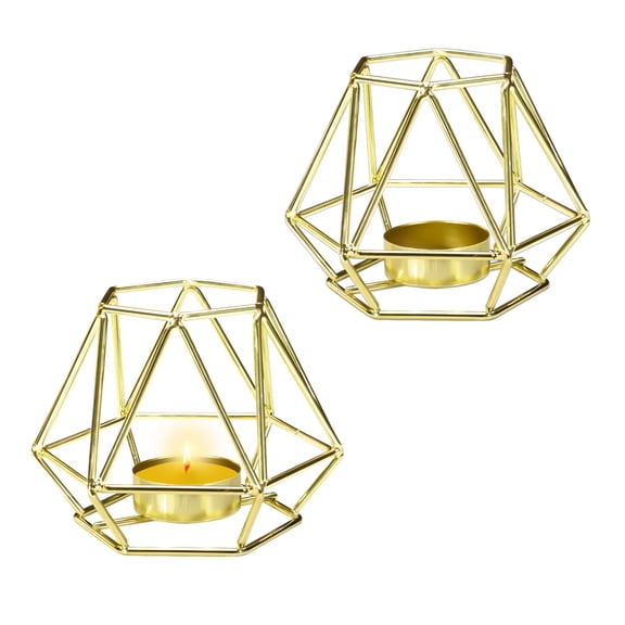 LELE LIFE 2Pcs Gold Geometric Tealight Votive Candle Holder, Metal Hollow Candle Stand for Table Centerpiece Vintage Decor, Small