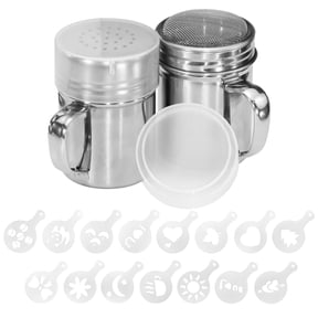 LELE LIFE 2Pcs Powdered Sugar Shaker Duster with Handle, 304 Stainless Steel Powder Sugar Sifter with 16pcs Coffee Stencils, Dredge Shaker for Flour Cinnamon, Fine & Medium Mesh