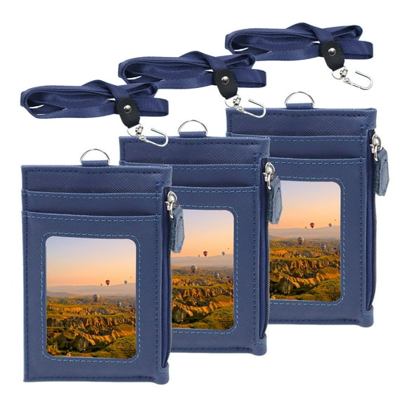 LELE LIFE 3 Pack Leather Badge Holder with Zipper Pocket, ID Badge Card Wallet with Lanyard and 4 Card Slots 1 Zipper Pocket, , Dark Blue