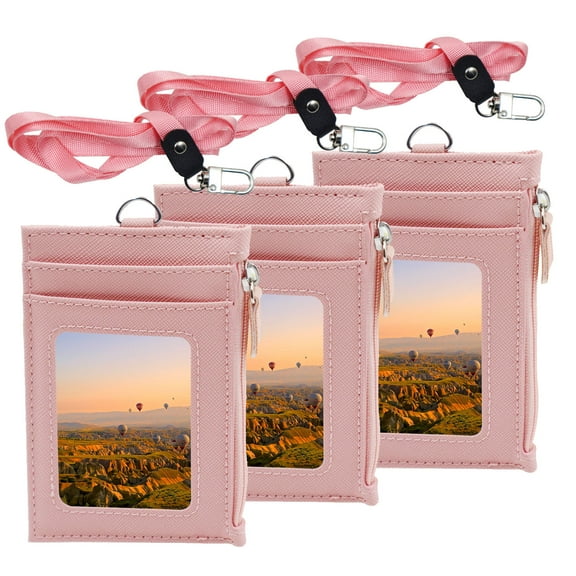 LELE LIFE 3 Pack Leather Badge Holder with Zipper Pocket, ID Badge Card Wallet with Lanyard and 4 Card Slots 1 Zipper Pocket, Pink