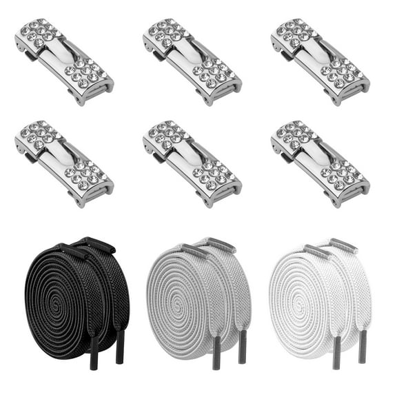 LELE LIFE 3 Pairs Elastic Shoe Laces for Sneakers No Tie, Flat Tieless Shoelaces for Adults, Black White Grey Stretchy Shoes Strings, Silver Clips with Rhinestone