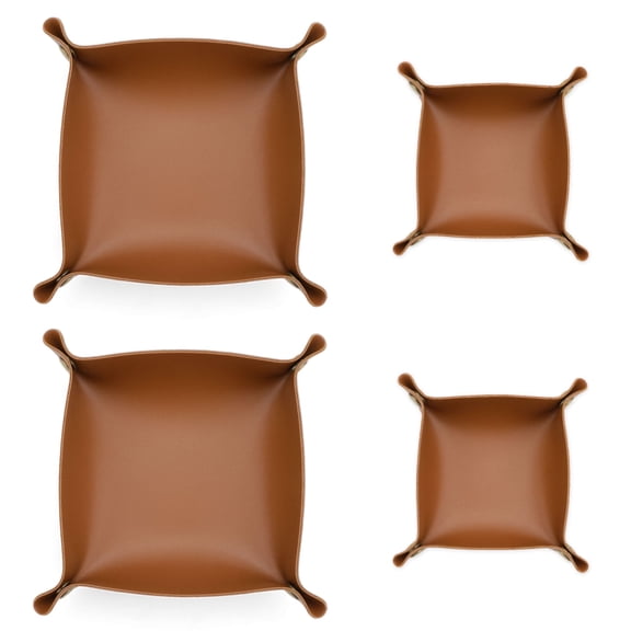 LELE LIFE 4 Pack Leather Valet Tray, 2 Sizes Catchall Tray Desk Organizer for Key Jewelry Trinket Watch Perfume Coin, for Entryway Table Nightstand Dresser Vanity Travel, Brown