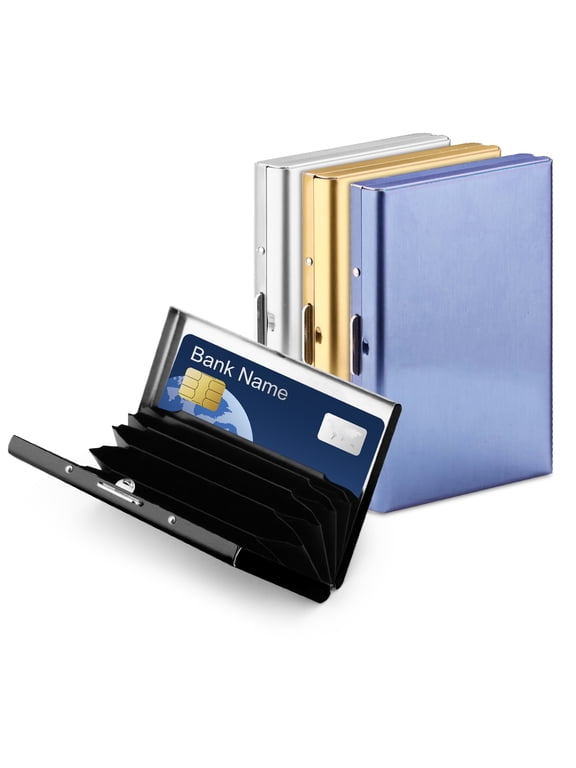 4 Pack Stainless Steel Credit Card Holder, RFID Blocking Slim Small Metal Credit Card Wallet, Hard Case Protector 6 Accordion Slots Business Card Holder for Men Women