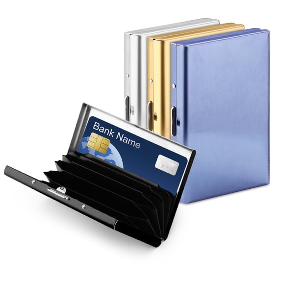 LELE LIFE 4 Pack Stainless Steel Credit Card Holder, RFID Blocking Slim Small Metal Credit Card Wallet, Hard Case Protector 6 Accordion Slots Business Card Holder for Men Women