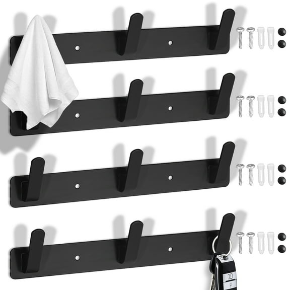 LELE LIFE 4Pcs Coat Rack Wall Mount with 3 Black Coat Hooks, Hat Racks for Baseball Caps Hanging, Key Hooks for Wall Mounted