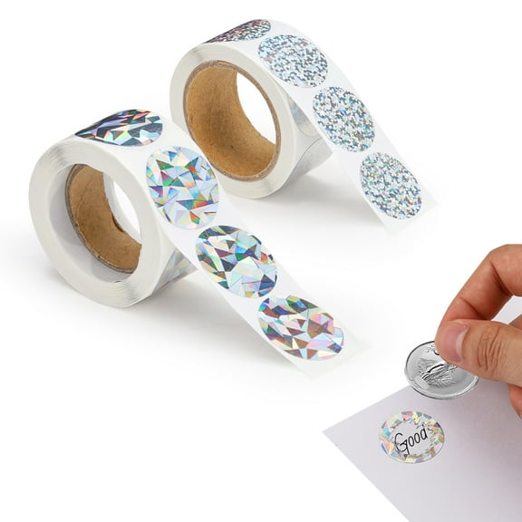 LELE LIFE 500 Pack 1" Scratch Off Stickers, Holographic Silver Shinny Glitter, Self-Adhesive Round Circle Labels for DIY Scratch Off Cards, Party, Game, 2 Hologram Patterns