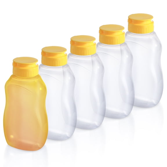 LELE LIFE 5Pcs 10oz Clear Plastic Honey Bottles, Refillable Empty Honey Container, Honey Squeeze Bottle Jar with Leak Proof Flip-Top Lids for Storing and Dispensing, Dishwasher Safe