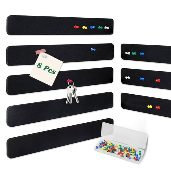 LELE LIFE 8Pcs Felt Pin Board Bulletin Board with Pushpins, Self-Adhesive Cork Board Bar Strips for Office Home Walls, Small Tack Board for Note, Photo, Jewelry